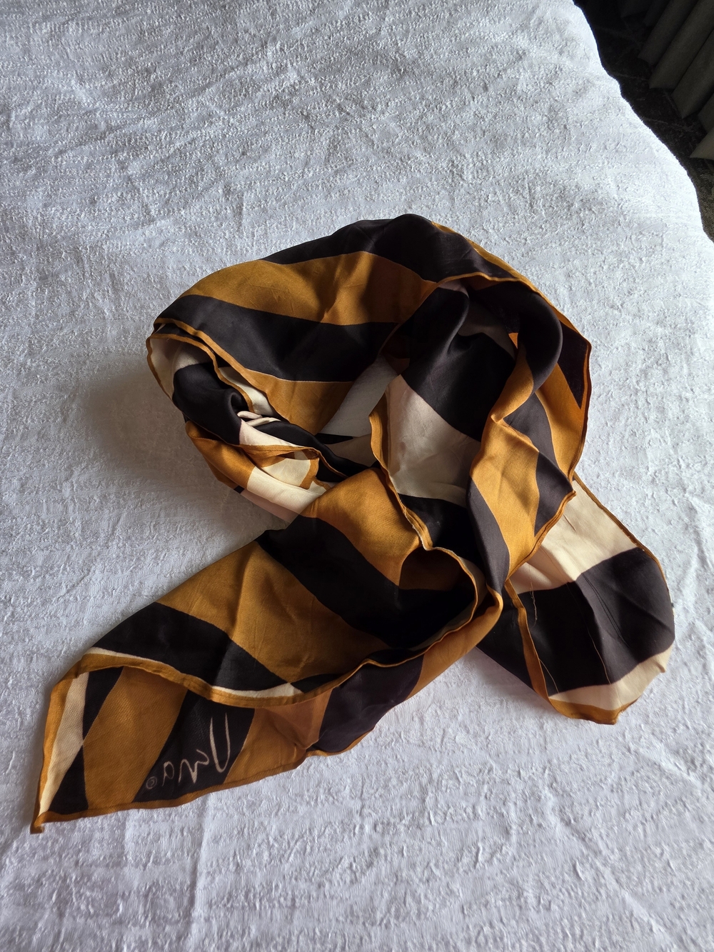 Vera Neumann Silk Striped Scarf in Tan, Black & Cream. Vintage, Ladies OSFA